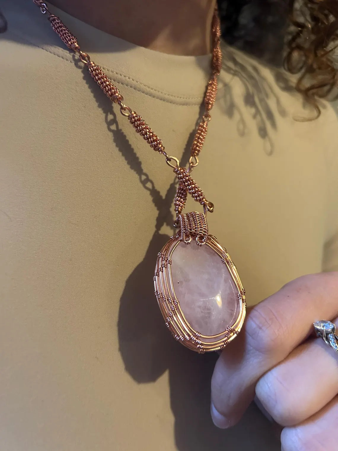 Rose Quartz Copper Wrapped Pendant with Copper Linked Chain