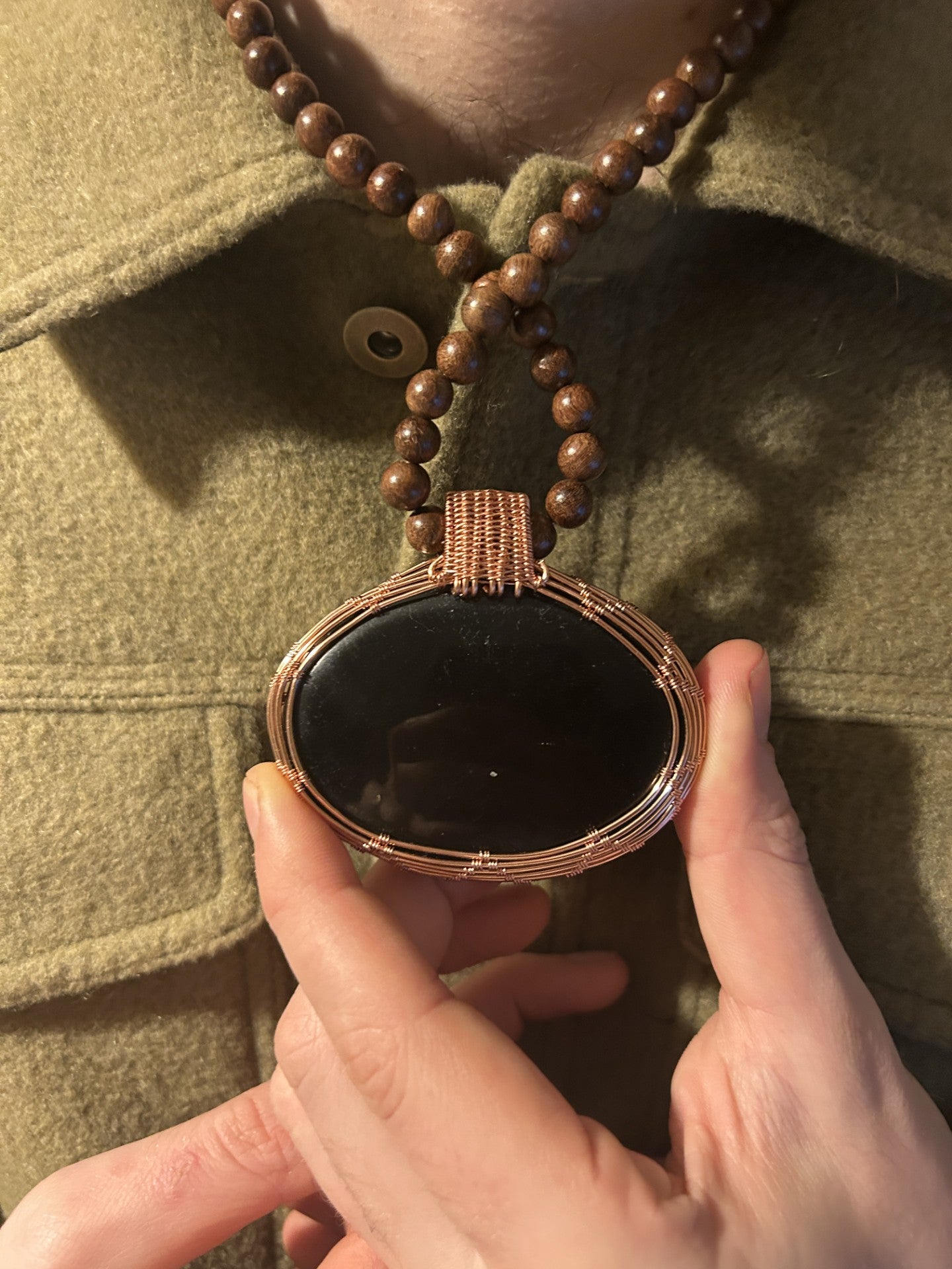 Beaded Copper Obsidian Pendant