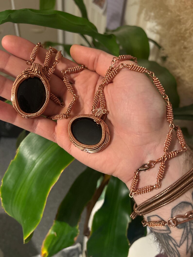 Obsidian Copper Wrapped Pendant with Copper Linked Chain