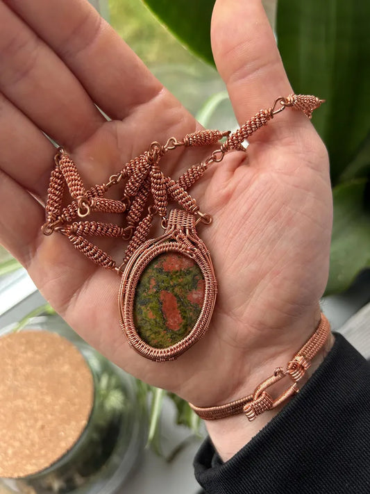 Unakite Copper Wrapped Pendant with Copper Linked Chain