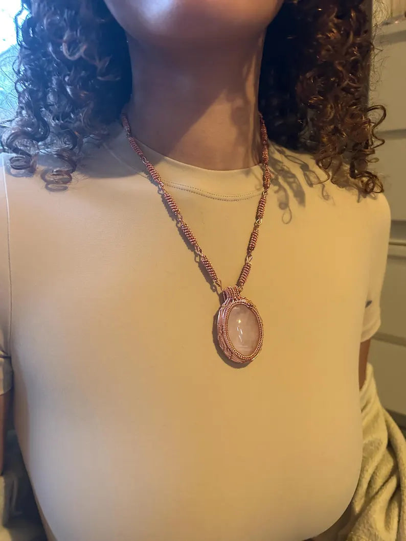 Rose Quartz Copper Wrapped Pendant with Copper Linked Chain