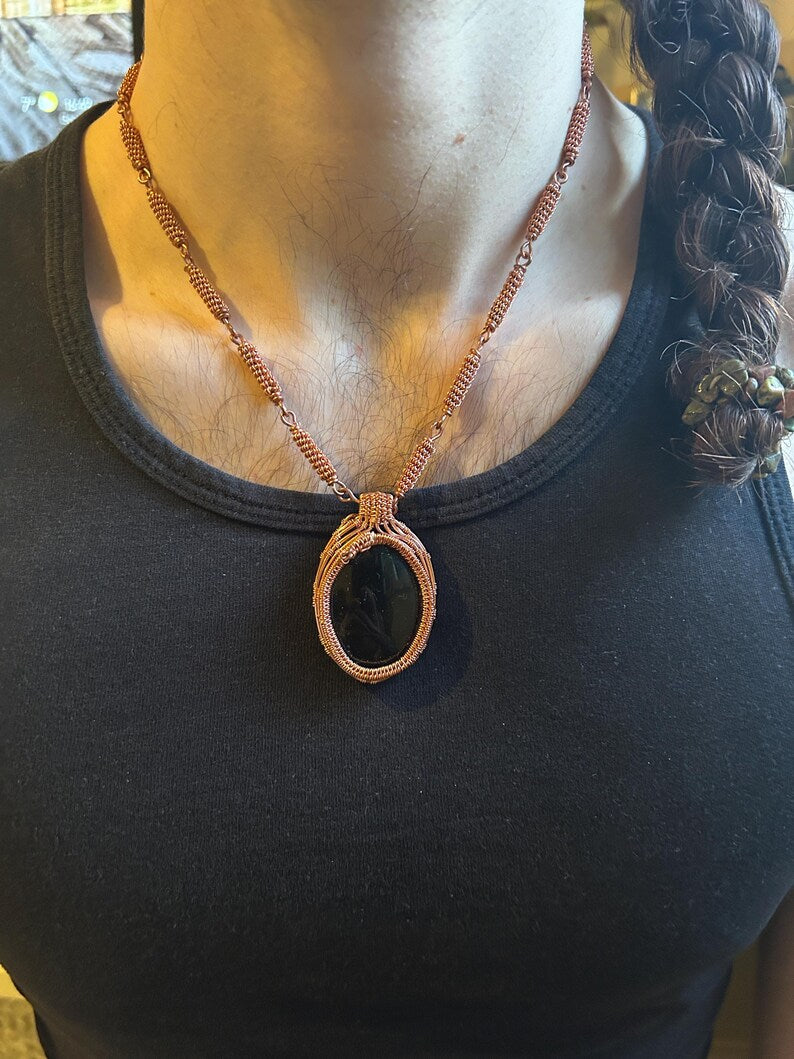 Obsidian Copper Wrapped Pendant with Copper Linked Chain