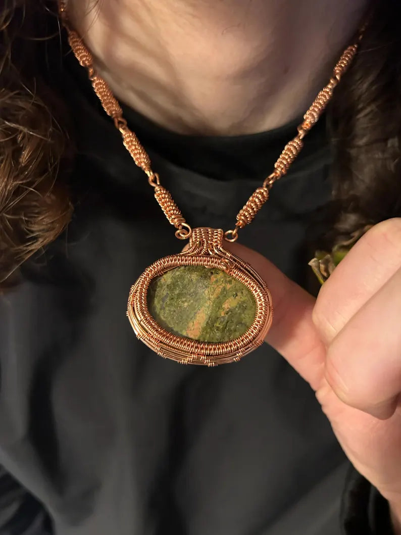 Unakite Copper Wrapped Pendant with Copper Linked Chain
