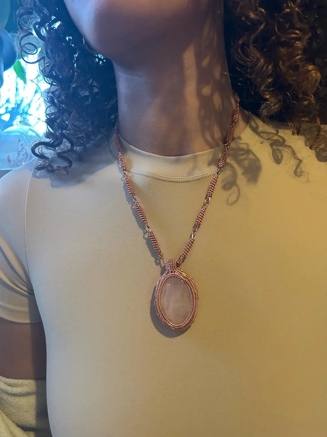 Rose Quartz Copper Wrapped Pendant with Copper Linked Chain