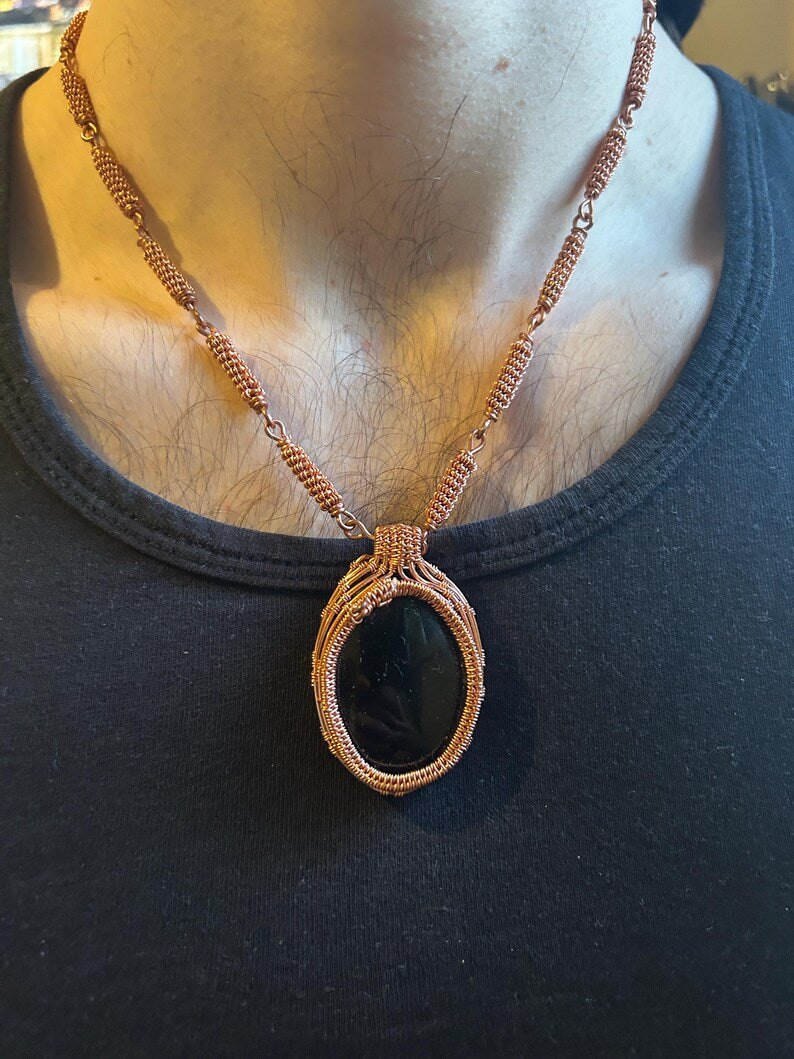 Obsidian Copper Wrapped Pendant with Copper Linked Chain