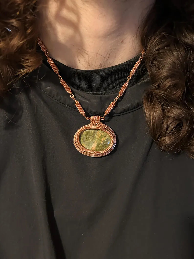 Unakite Copper Wrapped Pendant with Copper Linked Chain