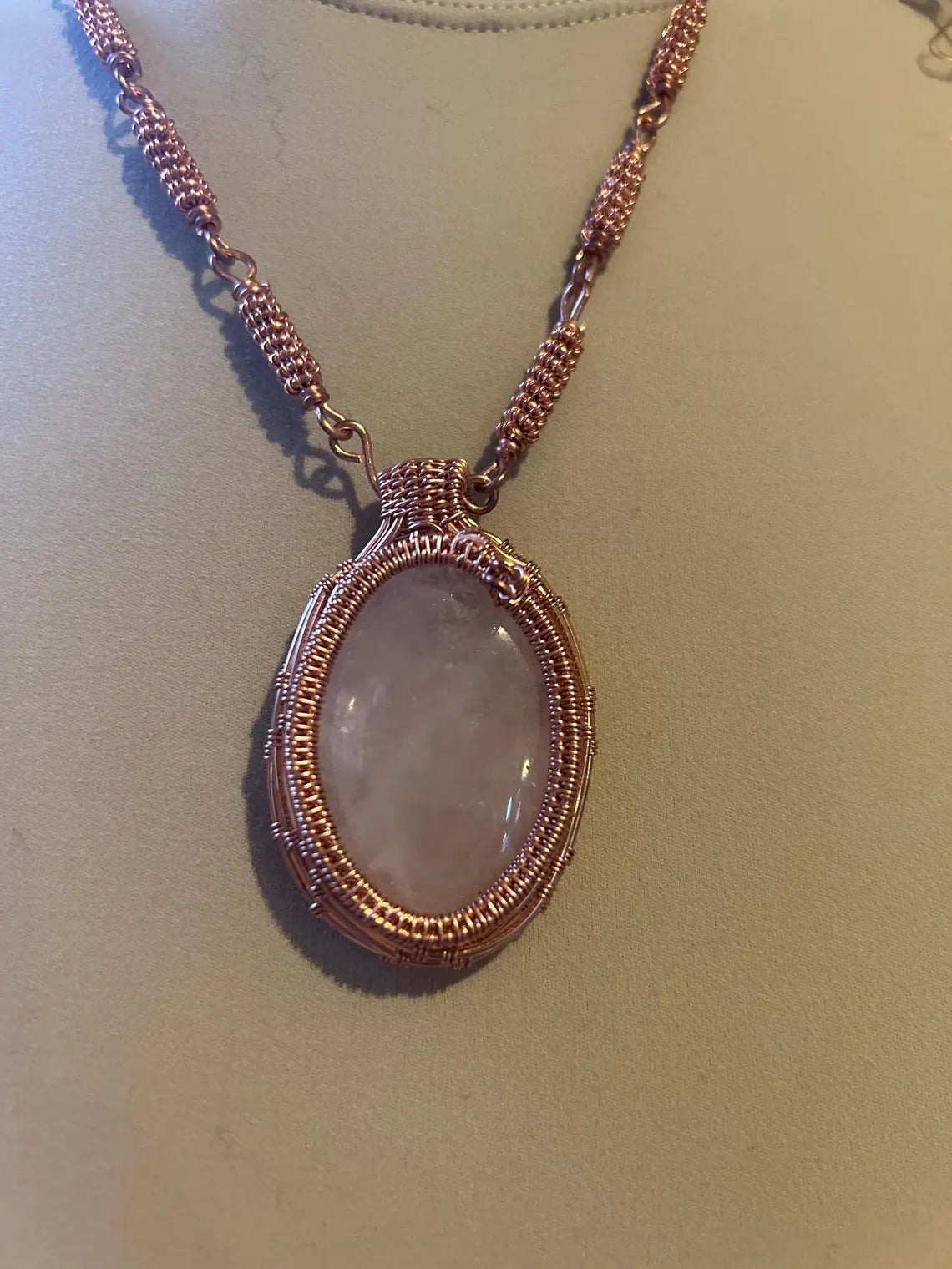 Rose Quartz Copper Wrapped Pendant with Copper Linked Chain