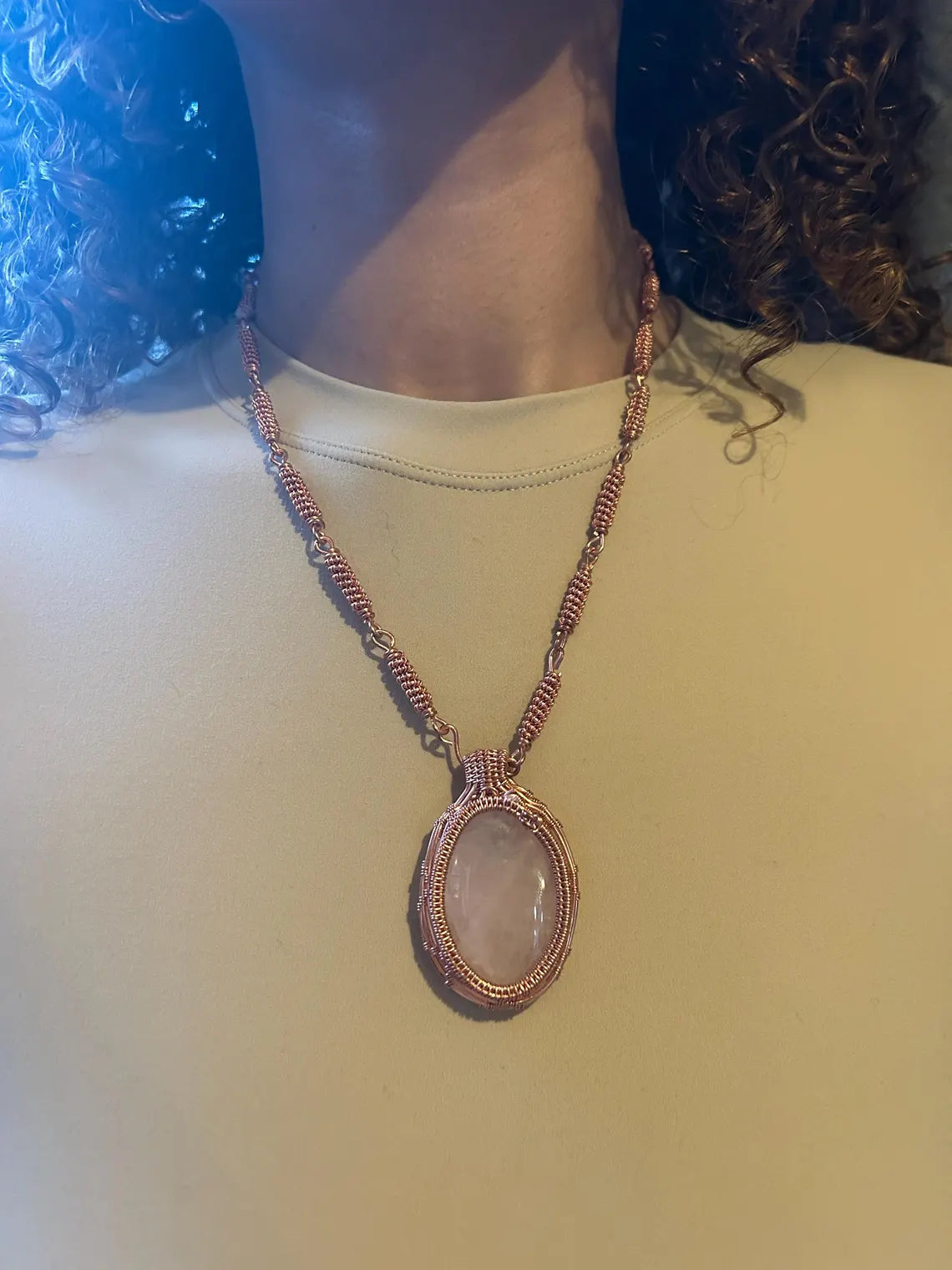 Rose Quartz Copper Wrapped Pendant with Copper Linked Chain