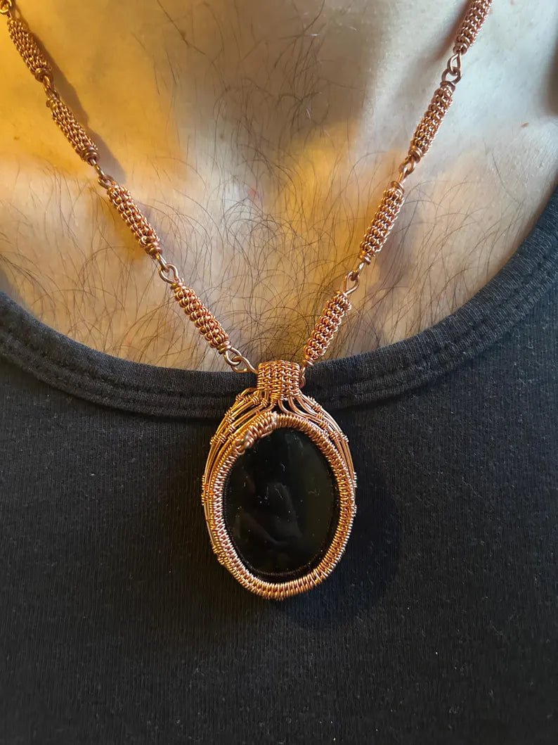 Obsidian Copper Wrapped Pendant with Copper Linked Chain