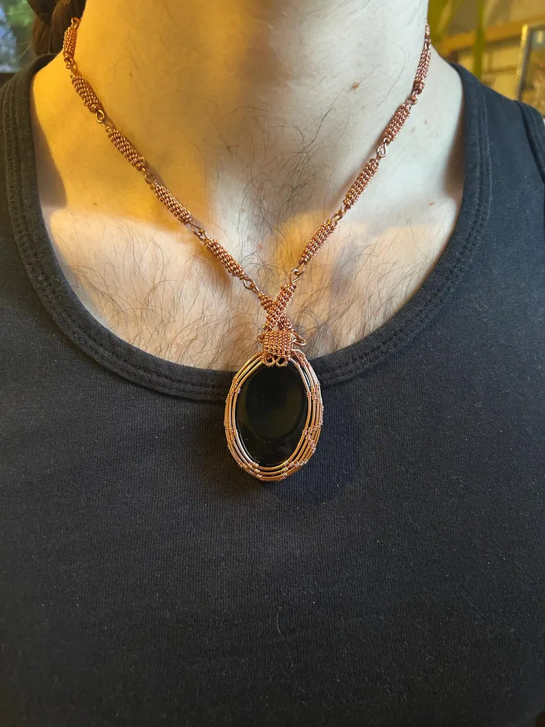 Obsidian Copper Wrapped Pendant with Copper Linked Chain