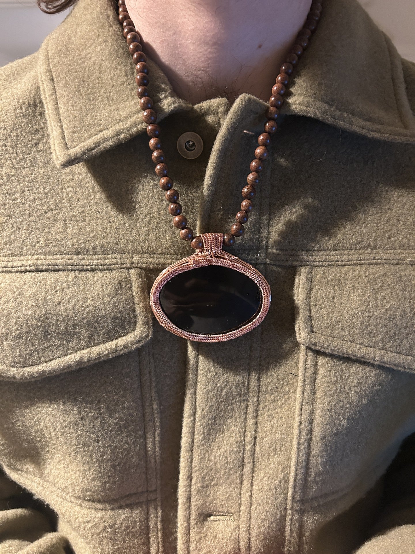 Beaded Copper Obsidian Pendant