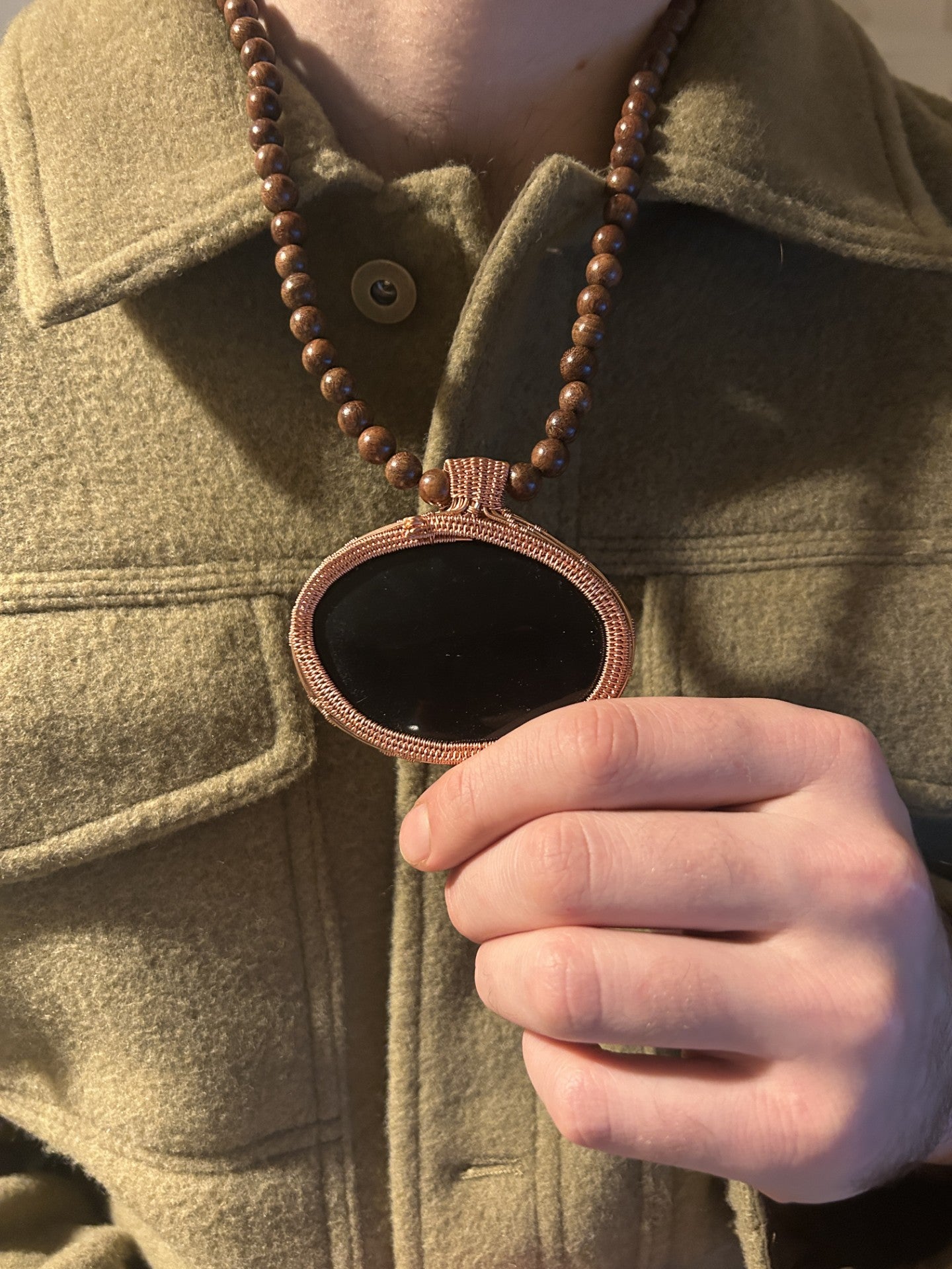 Beaded Copper Obsidian Pendant