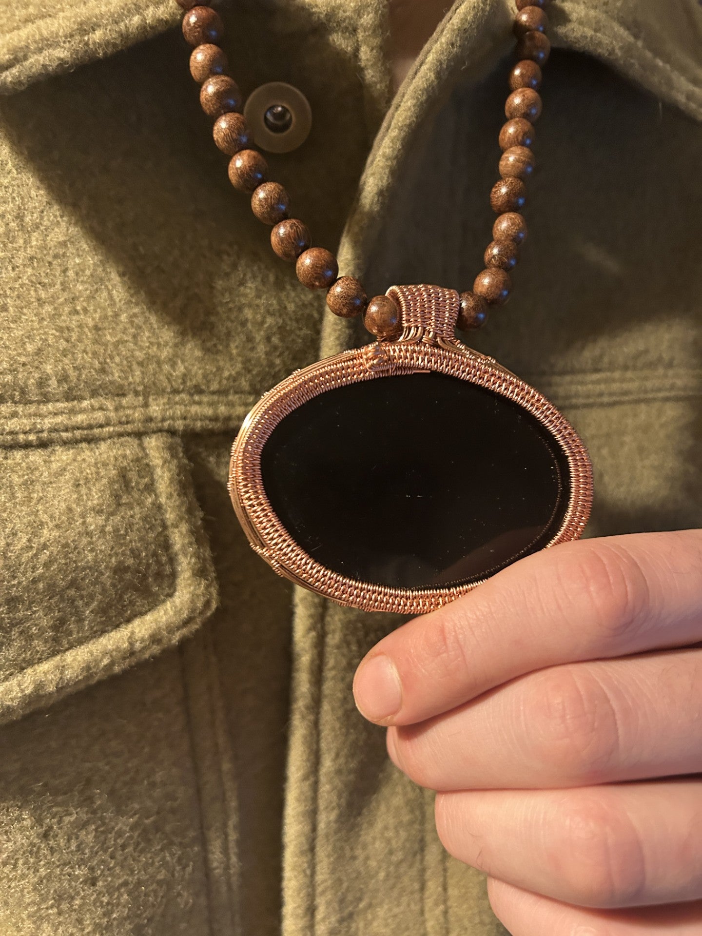 Beaded Copper Obsidian Pendant