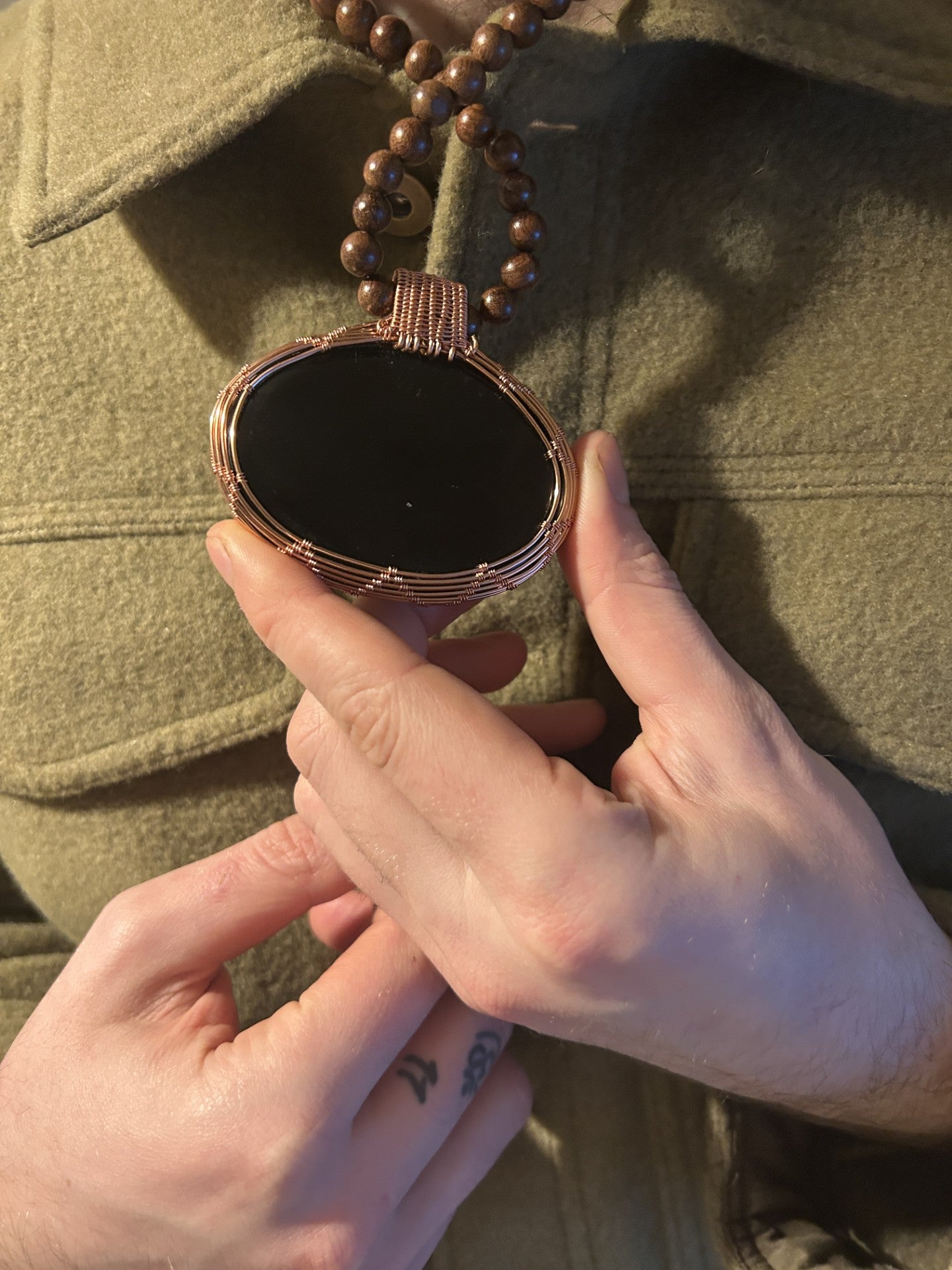 Beaded Copper Obsidian Pendant